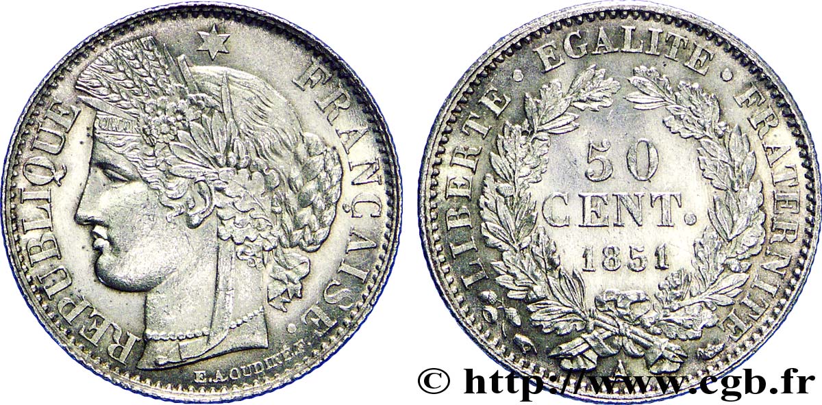 50 centimes Cérès, IIe République 1851 Paris F.184/5 SPL60 