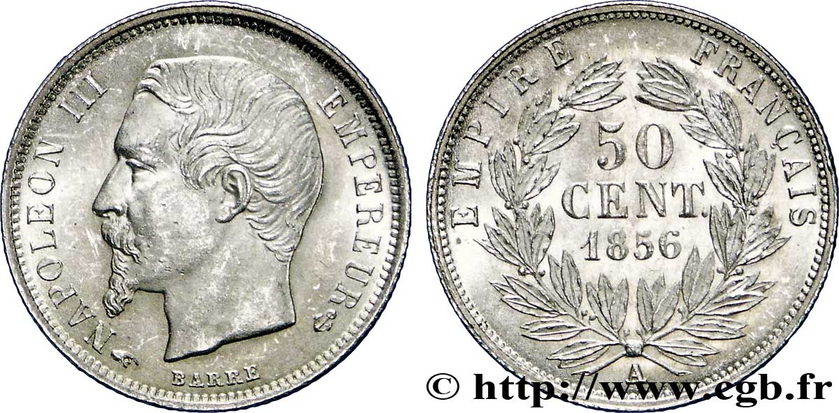 50 centimes Napoléon III, tête nue 1856 Paris F.187/4 EBC60 