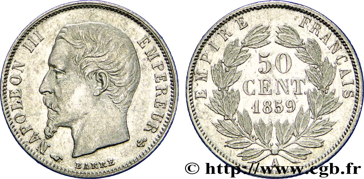 50 centimes Napoléon III, tête nue 1859 Paris F.187/10 TTB50 