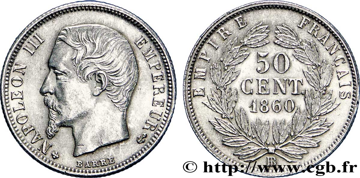 50 centimes Napoléon III, tête nue 1860 Strasbourg F.187/15 SUP60 