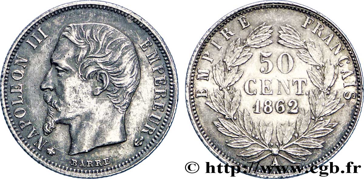 50 centimes Napoléon III, tête nue 1862 Paris F.187/16 SUP55 