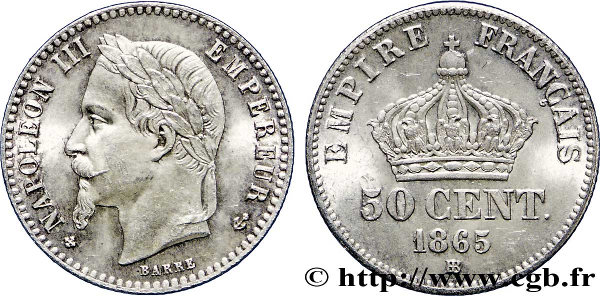 50 centimes Napoléon III, tête laurée 1865 Strasbourg F.188/7 SPL60 