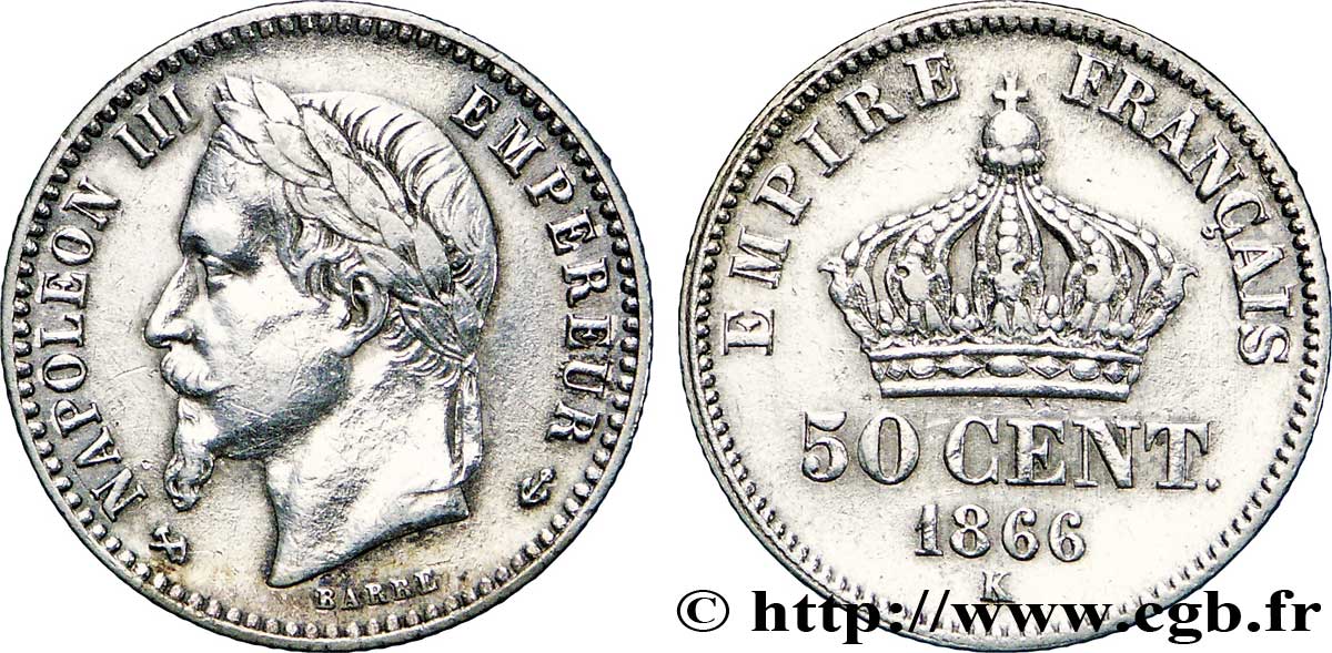 50 centimes Napoléon III, tête laurée 1866 Bordeaux F.188/11 MBC52 