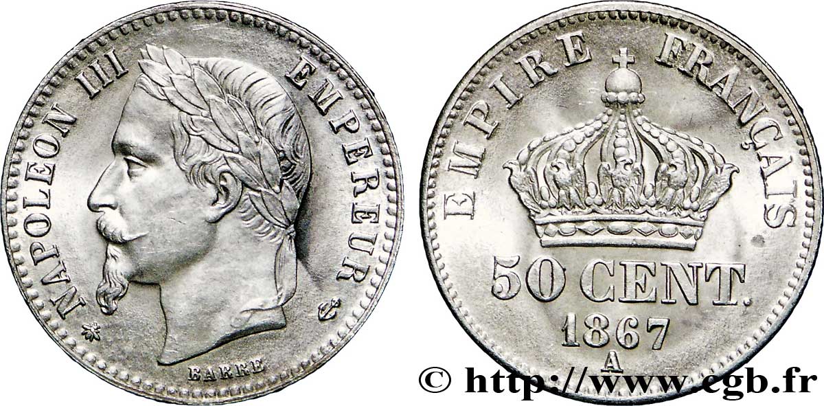 50 centimes Napoléon III, tête laurée 1867 Paris F.188/13 SUP62 