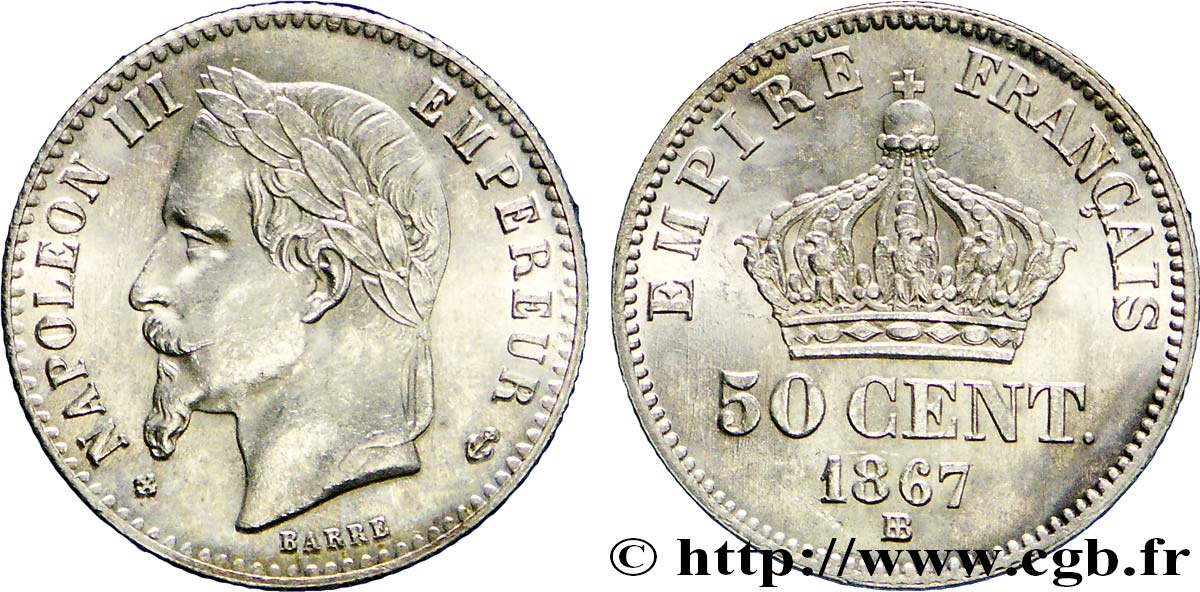 50 centimes Napoléon III, tête laurée 1867 Strasbourg F.188/15 SC63 