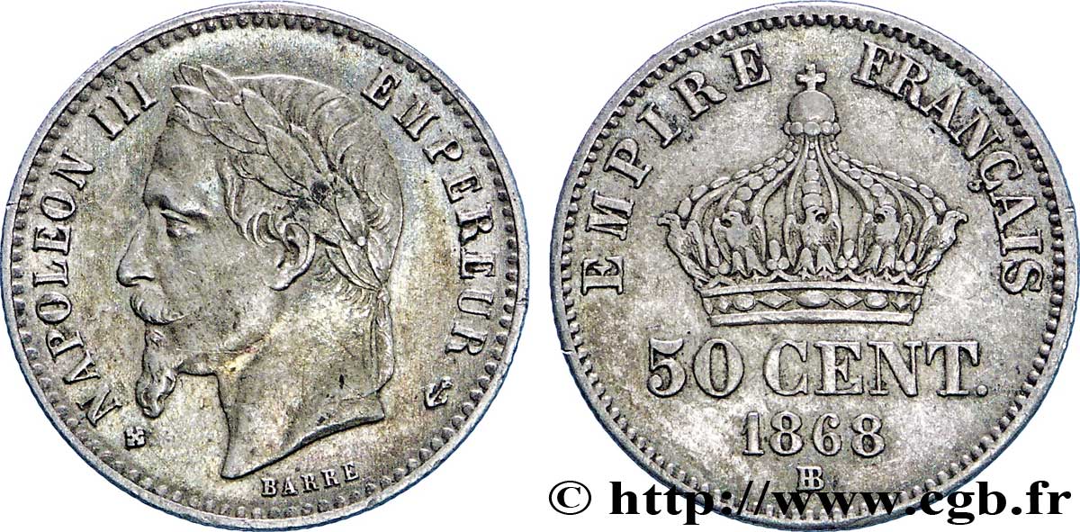 50 centimes Napoléon III, tête laurée 1868 Strasbourg F.188/21 XF48 