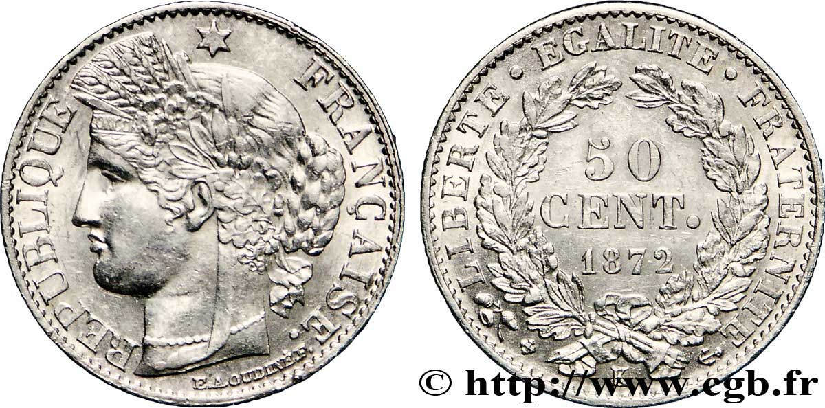50 centimes Cérès, IIIe République 1872 Bordeaux F.189/4 SUP58 