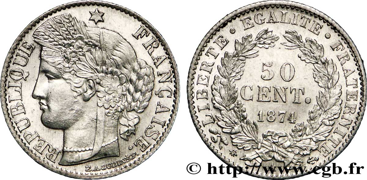50 centimes Cérès, IIIe République 1874 Paris F.189/7 SPL63 