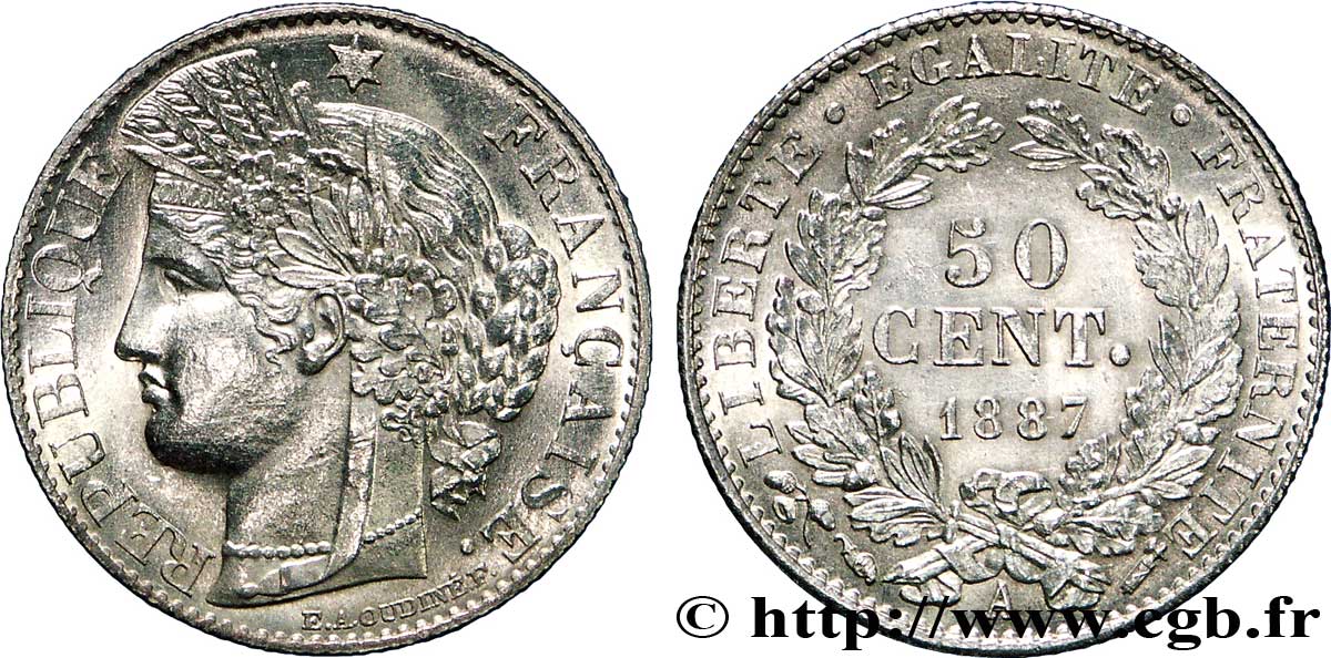 50 centimes Cérès, Troisième République 1887 Paris F.189/12 fST63 