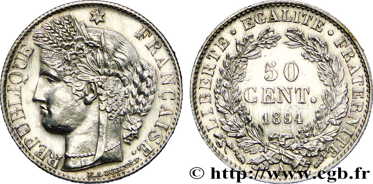 50 centimes Cérès, Troisième République 1894 Paris F.189/15 SUP58 