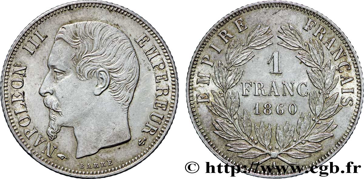 1 franc Napoléon III, tête nue 1860 Paris F.214/14 SUP60 