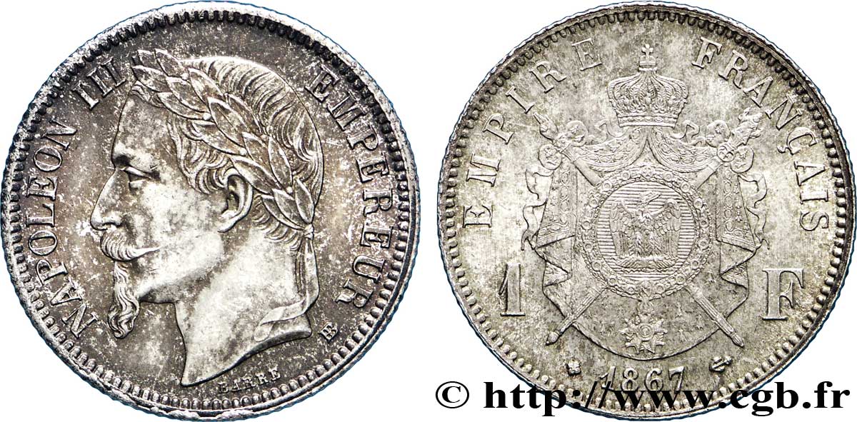 1 franc Napoléon III, tête laurée 1867 Strasbourg F.215/7 SUP60 