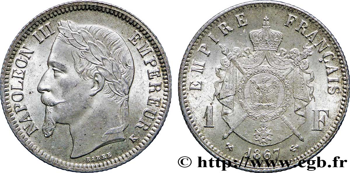 1 franc Napoléon III, tête laurée 1867 Bordeaux F.215/9 VZ58 