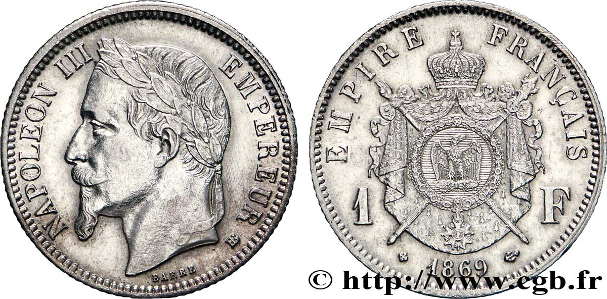 1 franc Napoléon III, tête laurée 1869 Strasbourg F.215/15 AU55 