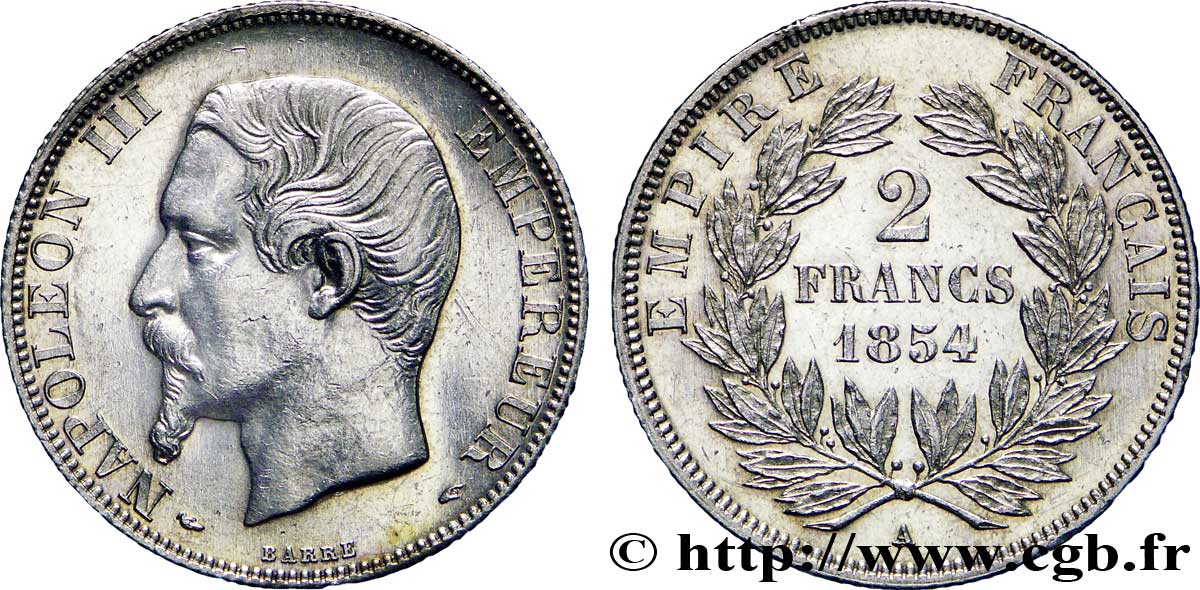 2 francs Napoléon III, tête nue 1854 Paris F.262/2 EBC62 