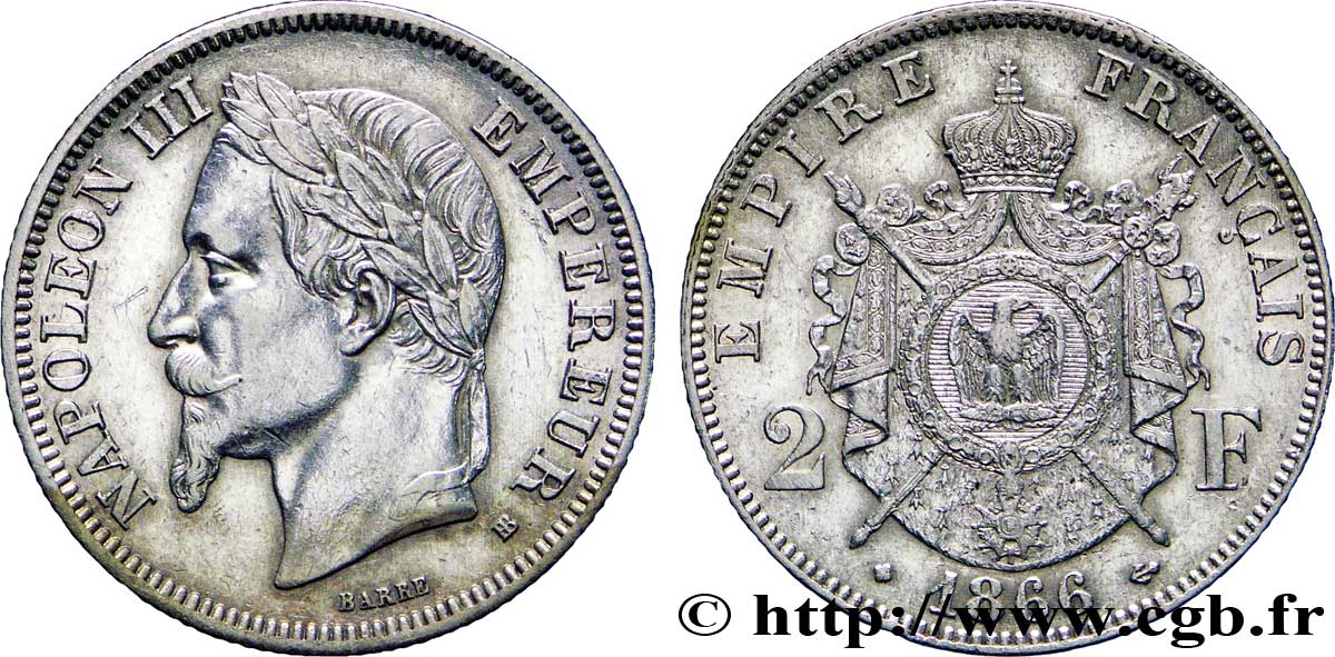 2 francs Napoléon III, tête laurée 1866 Strasbourg F.263/3 AU58 