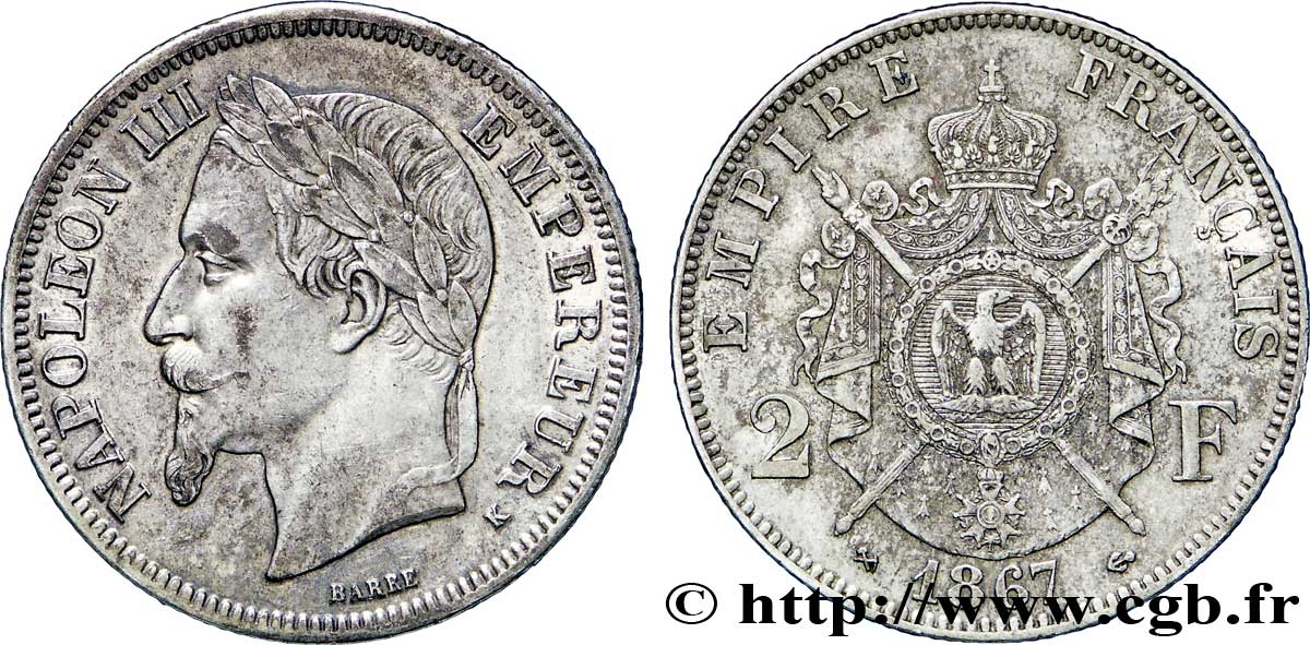 2 francs Napoléon III, tête laurée  1867 Bordeaux F.263/7 TTB52 