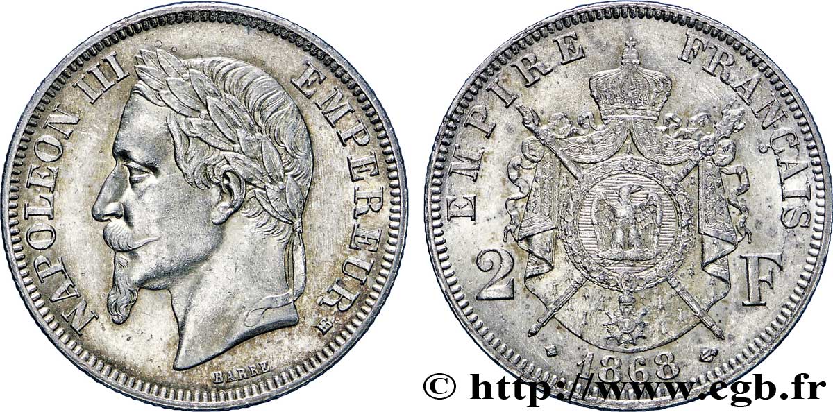 2 francs Napoléon III, tête laurée  1868 Strasbourg F.263/9 EBC58 