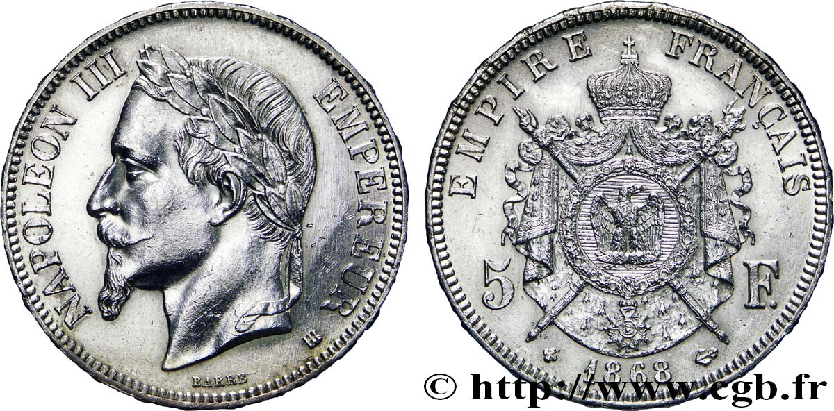 5 francs Napoléon III, tête laurée 1868 Strasbourg F.331/13 SPL58 