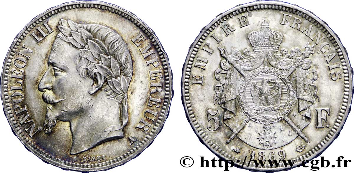 5 francs Napoléon III, tête laurée 1869 Paris F.331/14 SPL60 