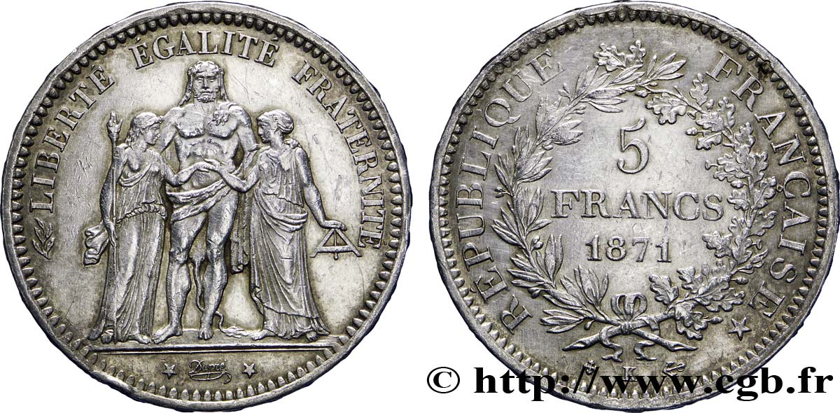 5 francs Hercule 1871 Bordeaux F.334/5 AU52 