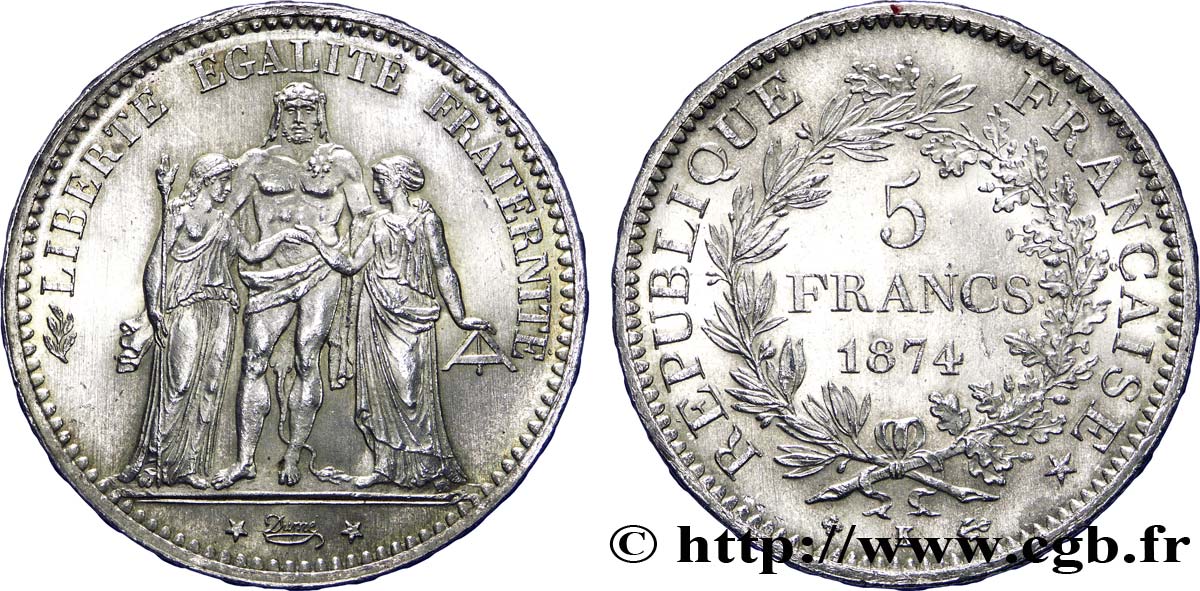 monnaie argent Ecus 5 Frs Hercule 1874 K TTB 