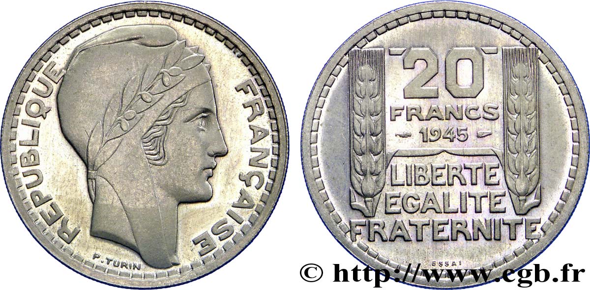 Essai de 20 francs Turin en cupro-nickel 1945 Paris Maz.2745  MS64 