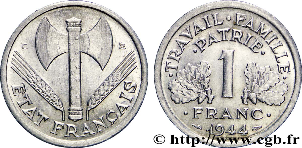 1 franc Francisque, légère 1944 Castelsarrasin F.223/7 SUP60 