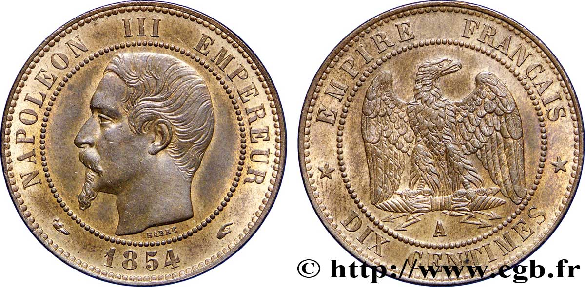 Dix centimes Napoléon III, tête nue 1854 Paris F.133/11 EBC57 