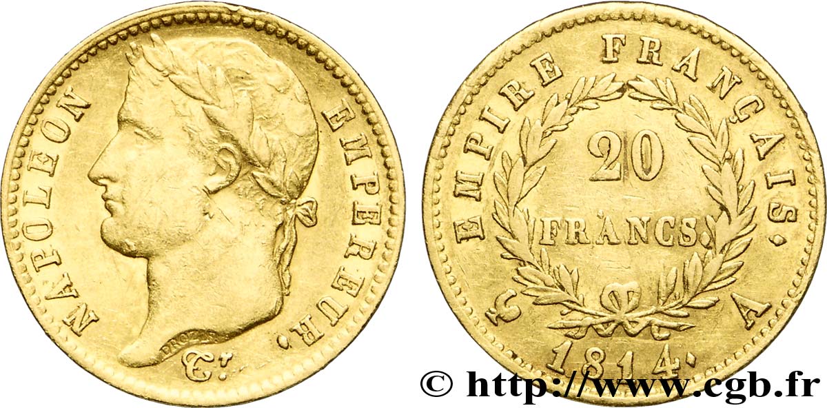 20 francs or Napoléon tête laurée, Empire français 1814 Paris F.516/39 BB45 