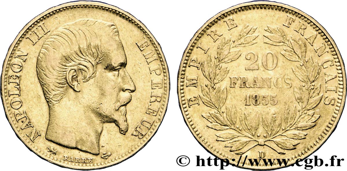 20 francs or Napoléon III, tête nue, petit lion 1855 Lyon F.531/7 XF48 