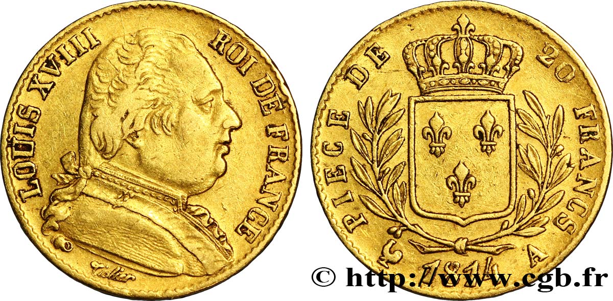 20 francs or Louis XVIII, buste habillé 1814 Paris F.517/2 SS45 