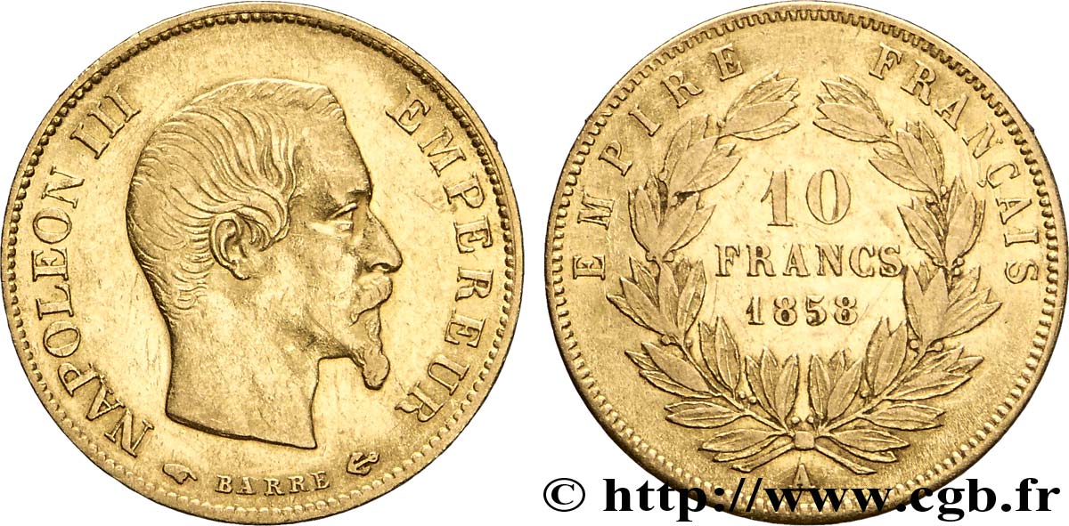 10 francs or Napoléon III, tête nue, grand module 1858 Paris F.506/5 MBC50 