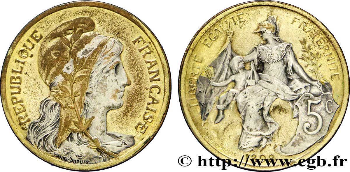 5 centimes Daniel-Dupuis, doré et argenté 1898  F.119/5 var. AU58 