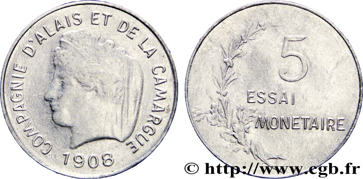Essai de 5 centimes, Compagnie d’Alais et de la Camargue 1908  VG.4612  TTB50 
