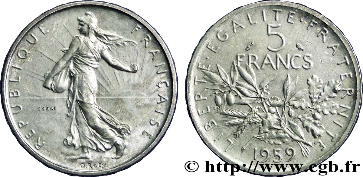 Essai de 5 francs Semeuse, argent, grand 5 1959 Paris F.340/1 MS60 