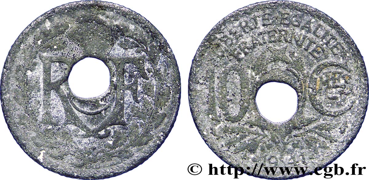 10 centimes Lindauer en zinc, Cmes souligné et millésime avec points, perforation décentrée 1941  F.140/2 var. B12 