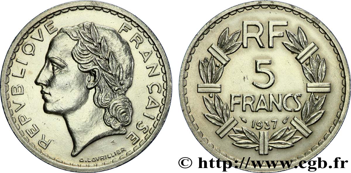 5 francs Lavrillier, nickel 1937  F.336/6 SUP 