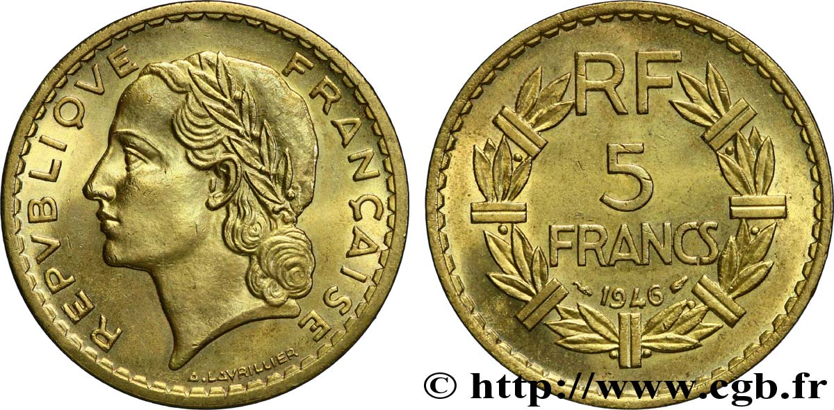 5 francs Lavrillier, bronze-aluminium 1946  F.337/7 MS62 