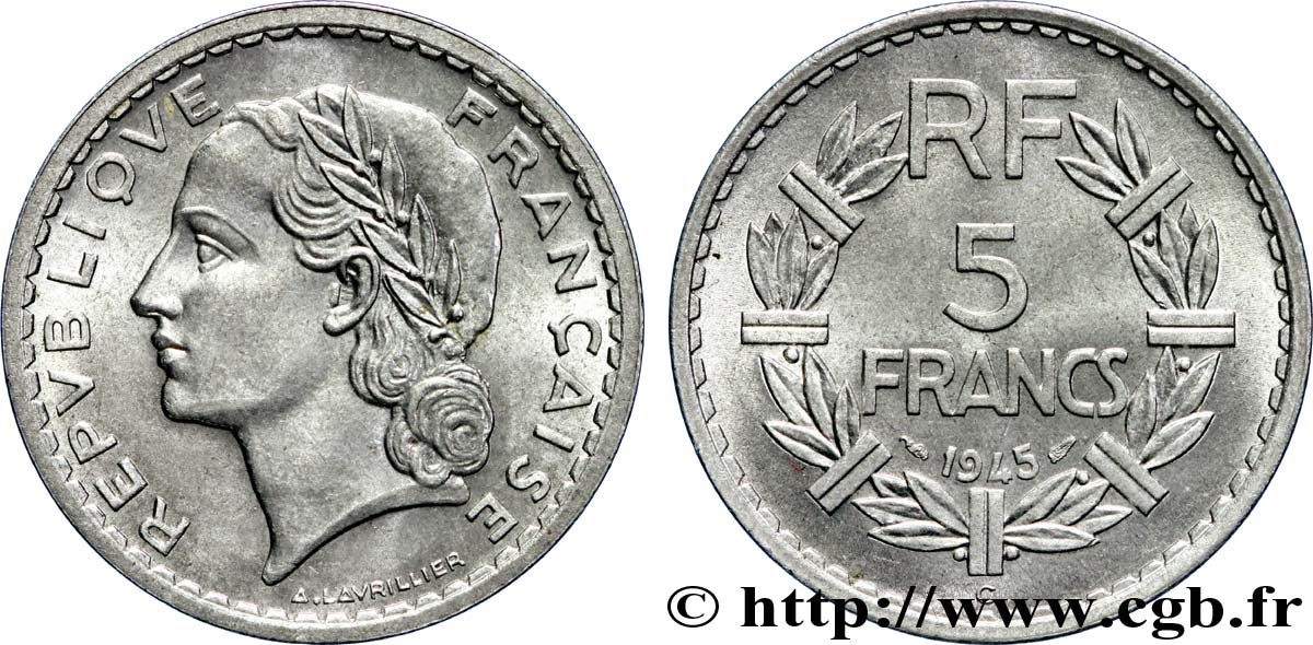 5 francs Lavrillier, aluminium 1945 Castelsarrasin F.339/5 SPL60 