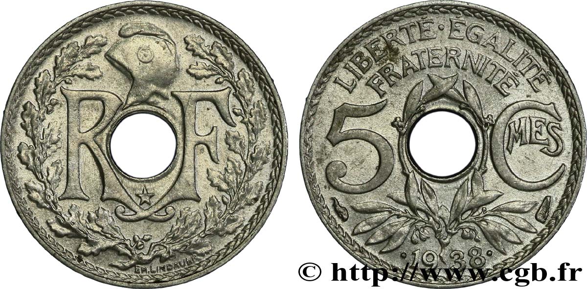 5 centimes Lindauer, maillechort, avec étoile 1938 Paris F.123/1 VZ60 