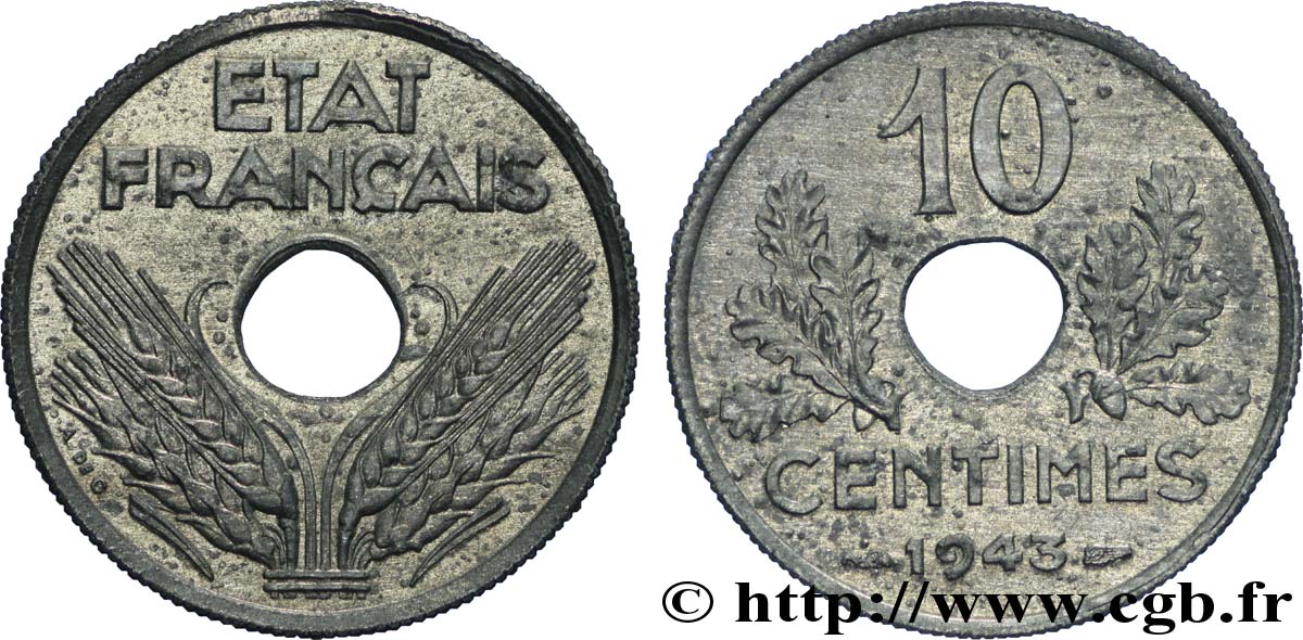 10 centimes État français, grand module 1943  F.141/5 SUP60 
