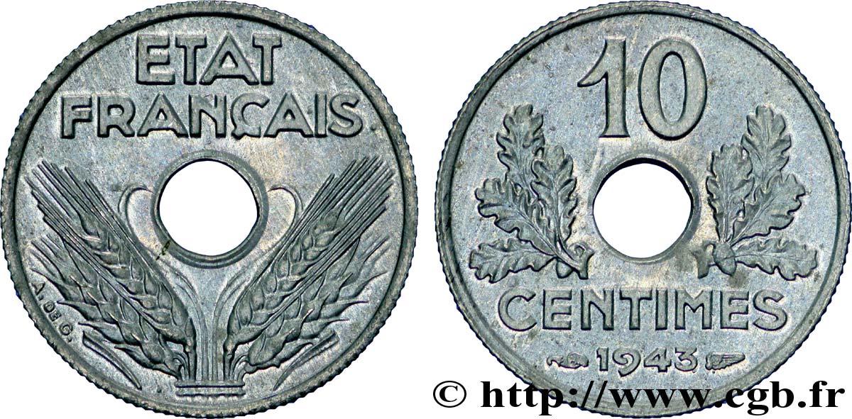 10 centimes État français, petit module 1943  F.142/2 SUP60 