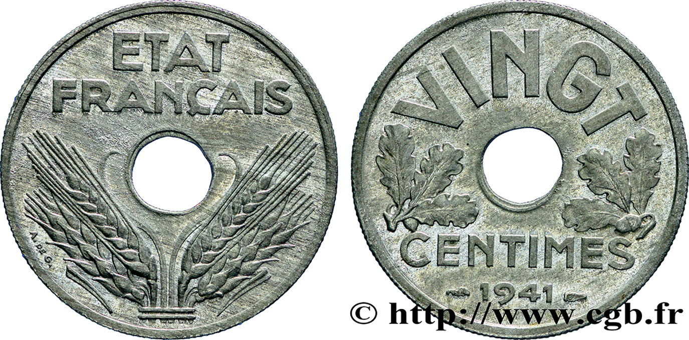 VINGT centimes État français 1941  F.152/2 SPL63 