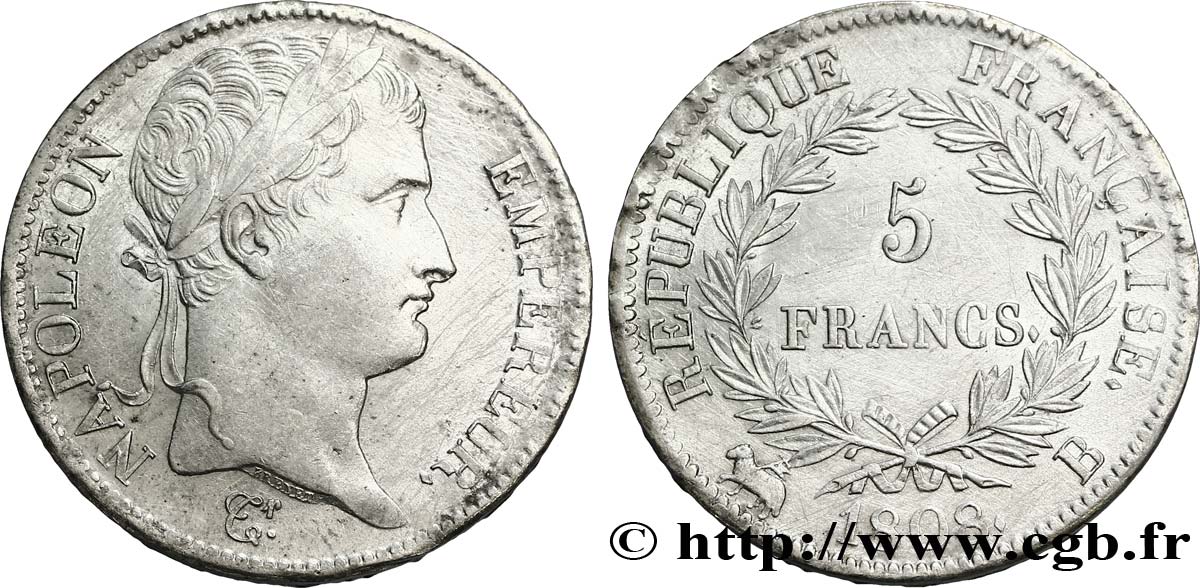 5 francs Napoléon Empereur, République française 1808 Rouen F.306/3 SUP+ 