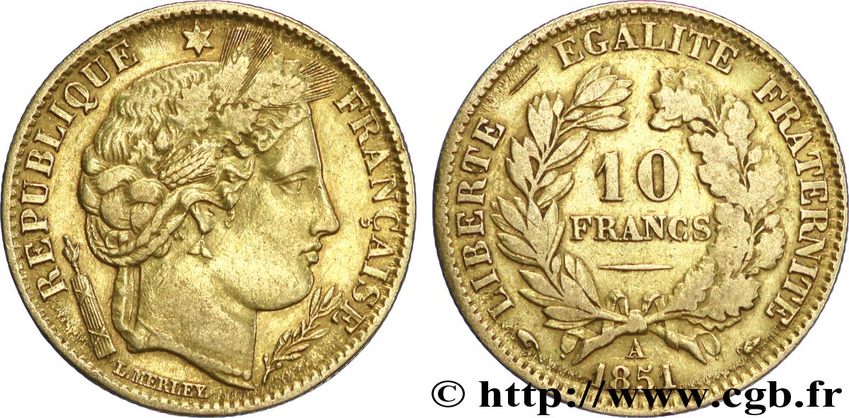 10 francs or Cérès, IIe République 1851 Paris F.504/3 TB35 
