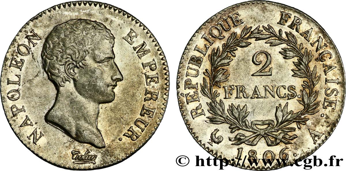 2 francs Napoléon Empereur, Calendrier grégorien 1806 Paris F.252/1 SPL55 
