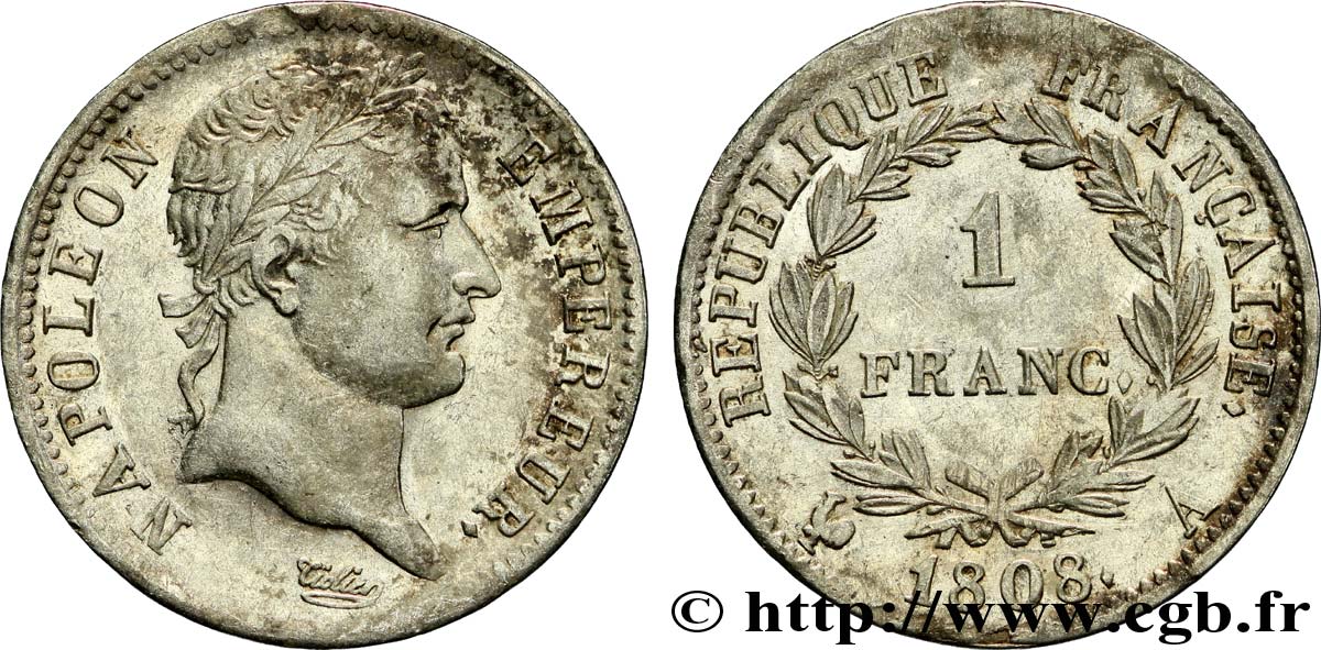 1 franc Napoléon Ier tête laurée, République française 1808 Paris F.204/2 VZ58 