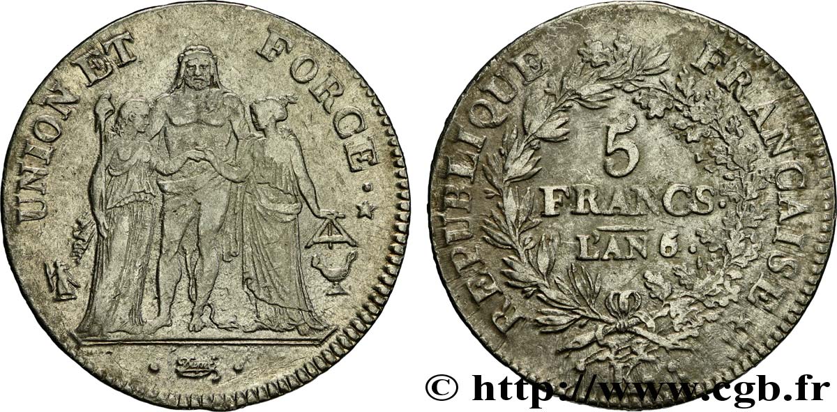 5 francs Union et Force, Union serré, avec glands intérieurs et gland extérieur 1798 Bordeaux F.288/65 MBC45 
