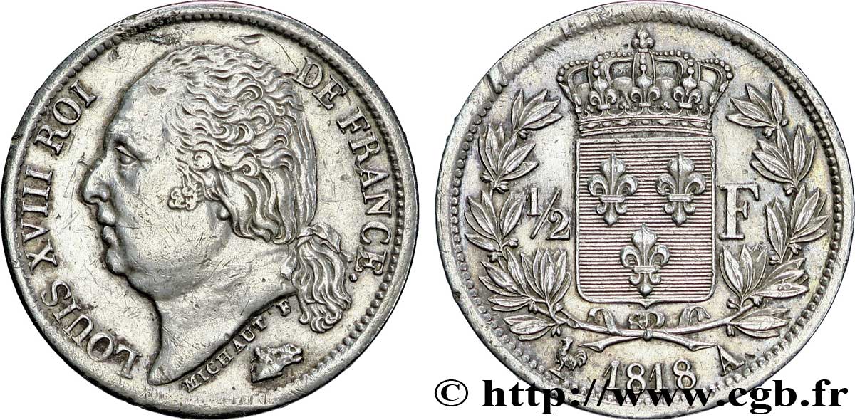 1/2 franc Louis XVIII 1818 Paris F.179/15 SUP58 